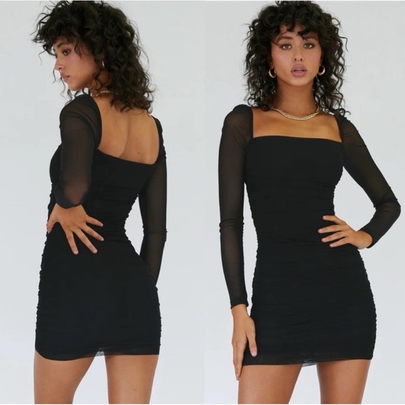 Princess Polly Dresses & Skirts - Princess Polly Charvi Black Mesh Long Sleeve Square Neck Ruched Mini Dress